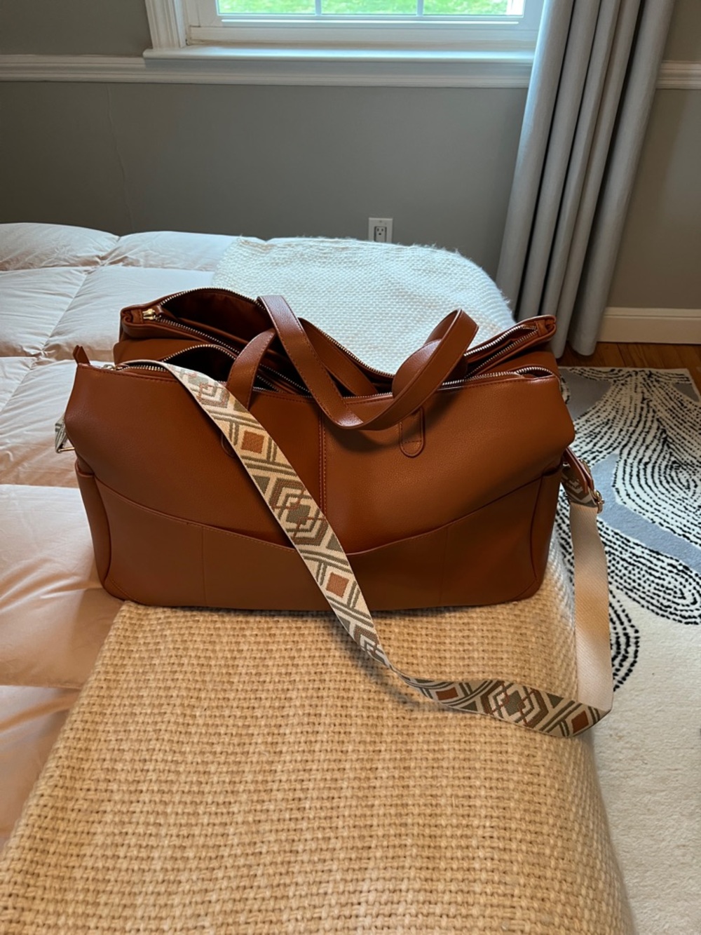 Cognac Faux-Leather Travel Duffel with Patterned Strap